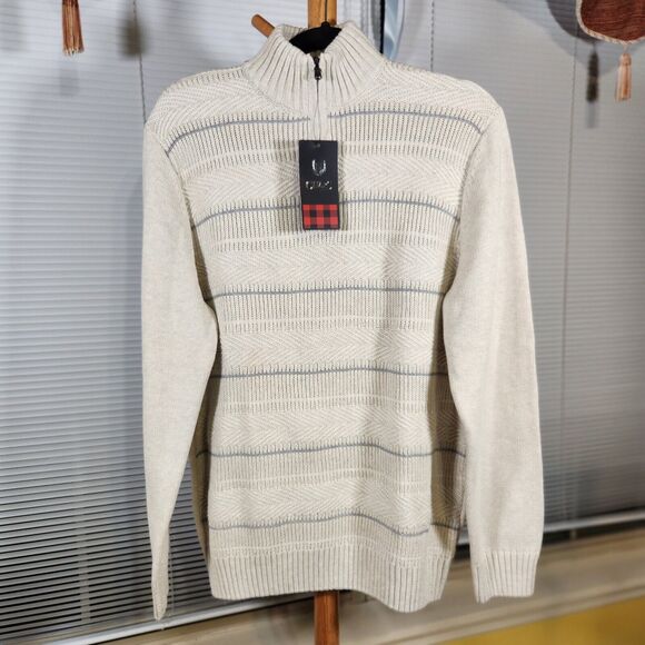 New $70 Medium Ralph Lauren Chaps Beige Textured 100% Cotton Quarter Zip Sweater - Picture 1 of 10